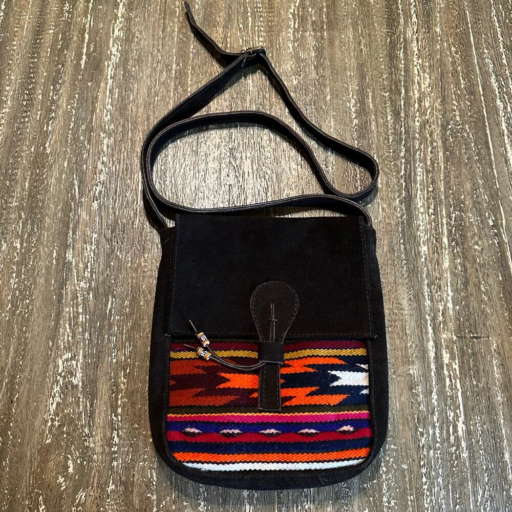 Vintage Malky Ecuadorian Suede Handwoven Wool Crossbody Bag Southwest Boho Fest